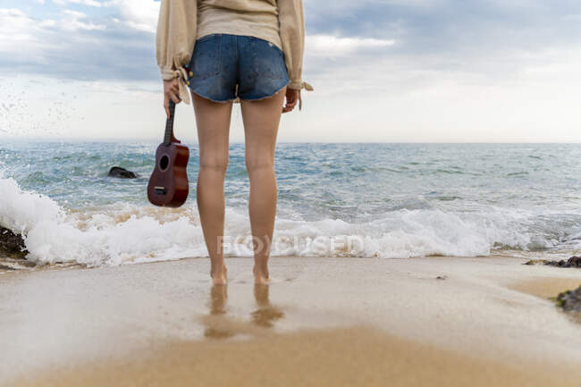Femme avec ukulélé debout devant la mer, vue partielle — Photo de stock