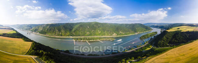 Germania, Renania-Palatinato, regione di Bingen, Henschhausen am Rhein, Veduta panoramica dei campi di grano, Castello di Kaub e Pfalzgrafenstein — Foto stock