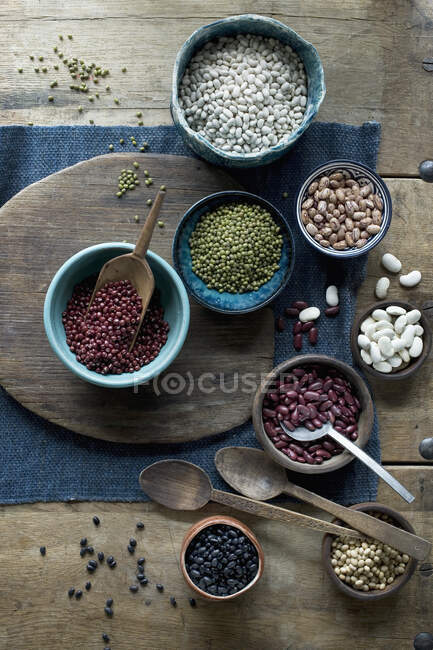 Bowls of various dried beans — Stock Photo