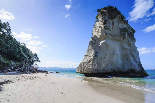 Roca gigante en la playa de arena de Cathedral Cove, Coromandel, Isla Norte, Nueva Zelanda - foto de stock