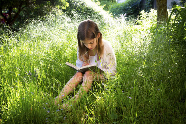 Menina sentada em um prado lendo um livro — Fotografia de Stock