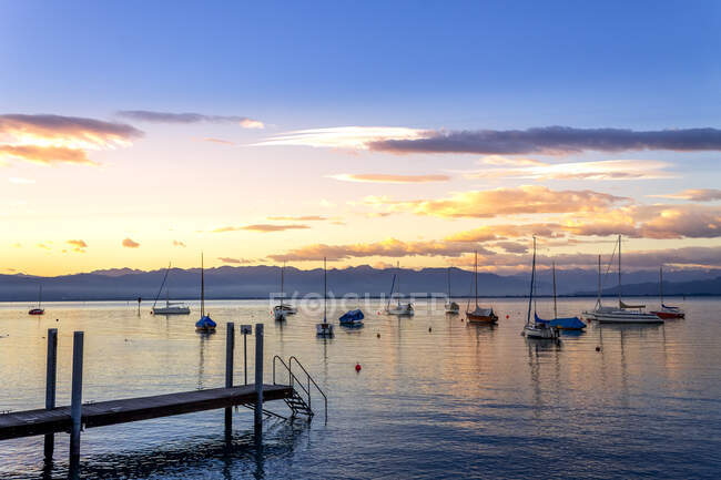 Harbour with sailing boats at sunset, Lake Constance, Wasserburg, Germany — Stock Photo