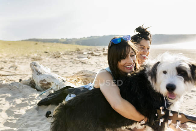 Due donne felici con cane sulla spiaggia — Foto stock