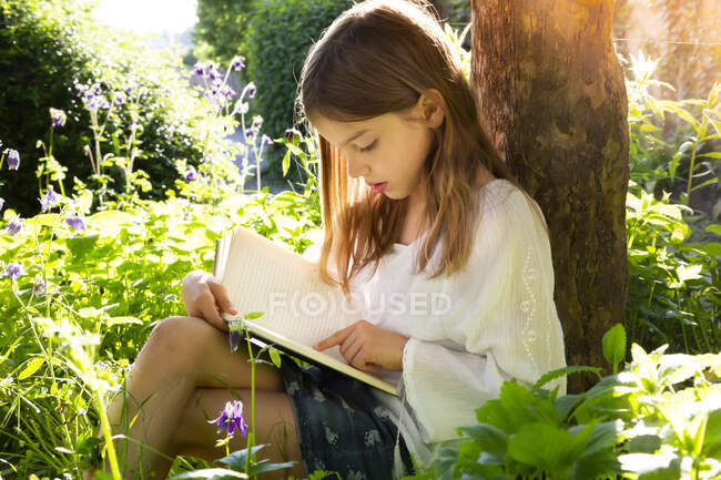 Ragazzina appoggiata al tronco d'albero che legge un libro — Foto stock