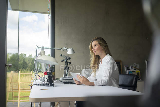 Geschäftsfrau arbeitet zu Hause am Schreibtisch — Stockfoto