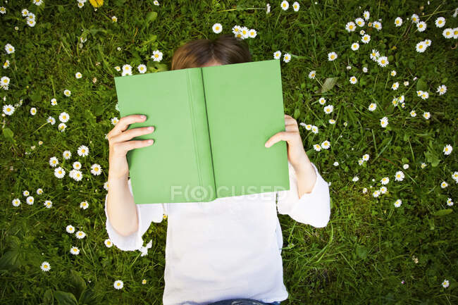 Девочка лежит на лугу, читает книгу, сверху — стоковое фото