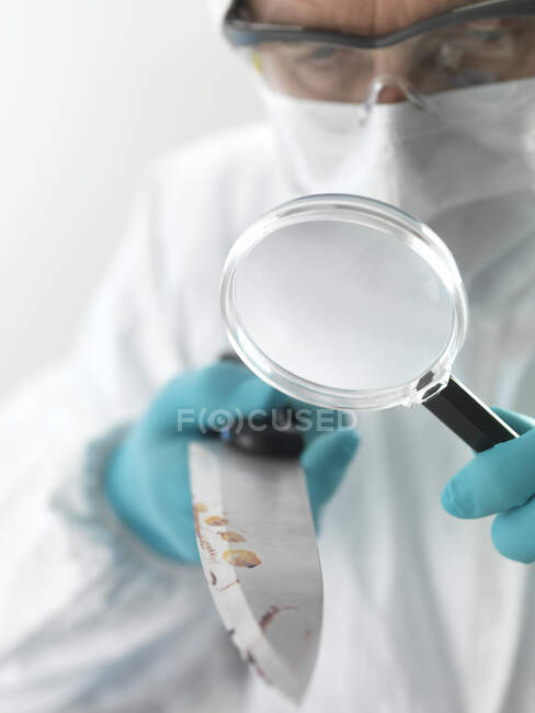 Científico forense examinando un cuchillo tomado de una escena de crimen violento en el laboratorio - foto de stock