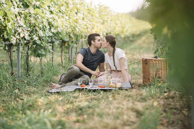Baciare una giovane coppia facendo un picnic nei vigneti — Foto stock