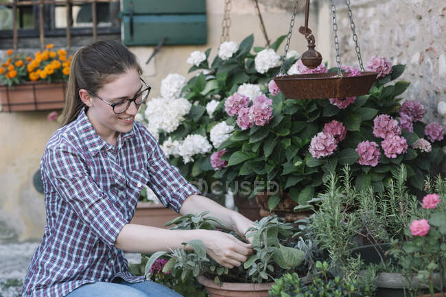 Young woman caring for the flowers at the house — Stock Photo