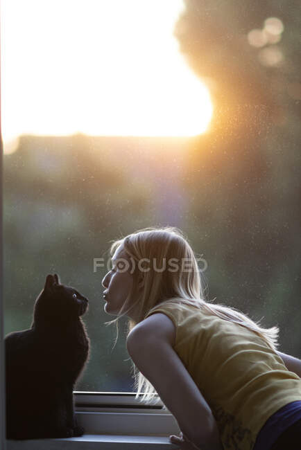 Gatto nero e donna davanti alla finestra al tramonto — Foto stock