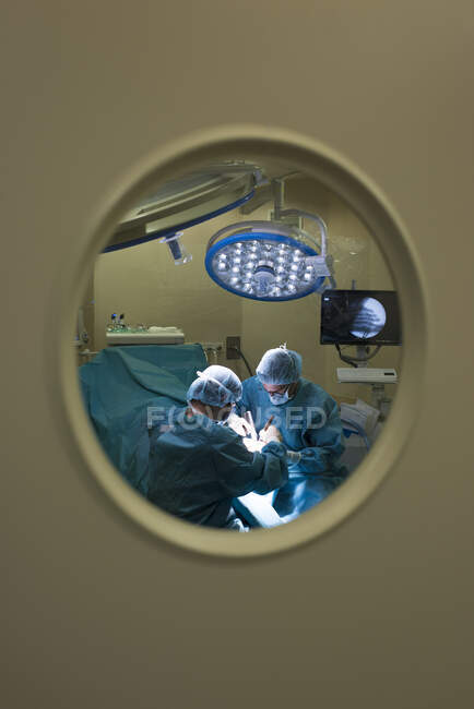 Surgeons during a surgery behind the door — Stock Photo