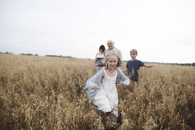 Portrait of happy girl running in an oat field while brother, grandmother and grandfather following her — Stock Photo