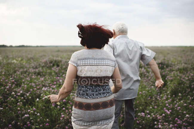 Вид пожилой пары, бегущей по цветочному лугу — стоковое фото