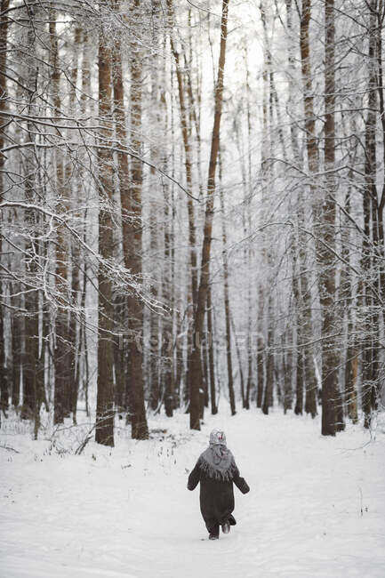 Vue arrière de la petite fille portant un foulard marchant dans la forêt d'hiver — Photo de stock