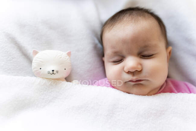 Retrato de niña dormida con juguete de gato - foto de stock