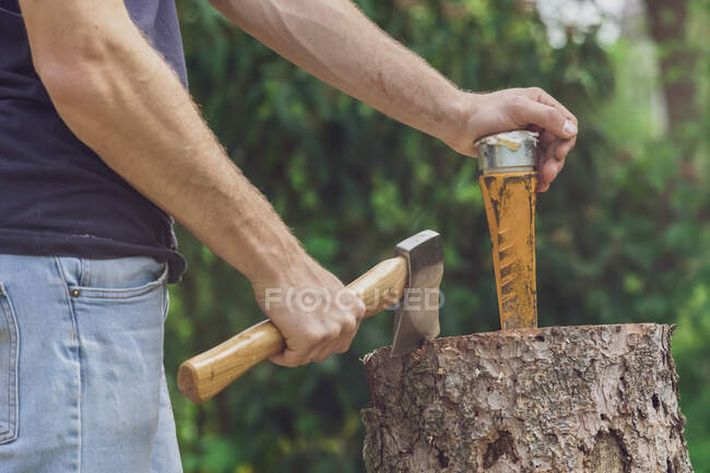 Mann steht mit Axt und Keil an Baumstamm — Stockfoto