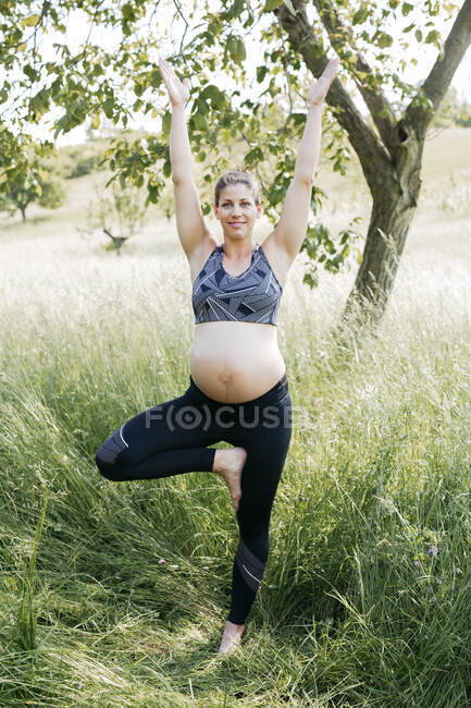 Young pregnant woman doing yoga exercises in nature on a green meadow — Stock Photo