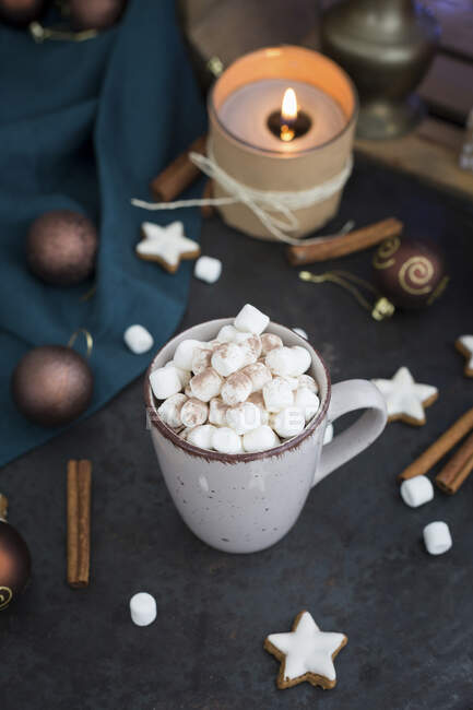 Cup of Hot Chocolate with marshmellows at Christmas time — Stock Photo