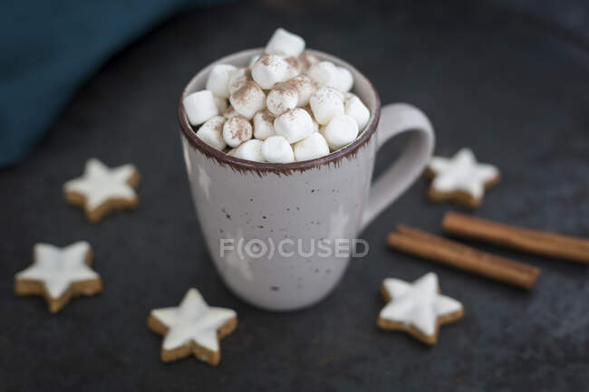 Copa de chocolate caliente con malvaviscos en Navidad - foto de stock