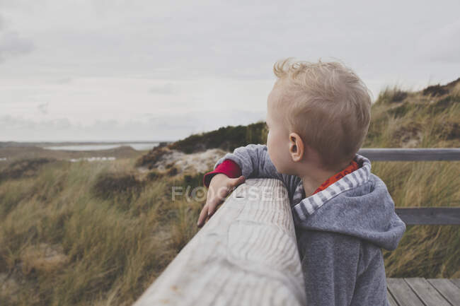 Petit garçon blond regardant les dunes, Sylt, Allemagne — Photo de stock