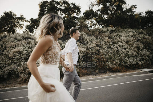 Sposa e sposo che camminano mano nella mano su una strada di campagna — Foto stock