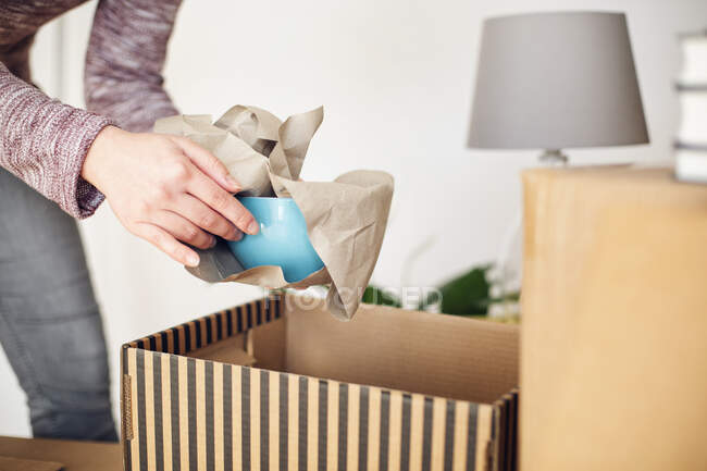 Primer plano de la mujer desempacando la caja de cartón en un nuevo hogar sacando un tazón - foto de stock
