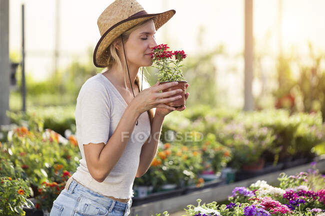 Belle jeune femme sentant la fleur dans la serre — Photo de stock