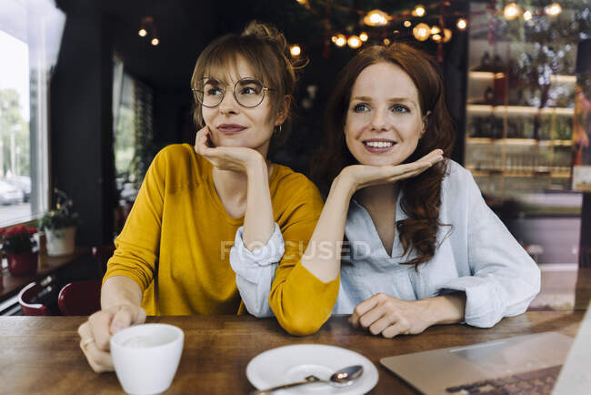 Two female friends with laptop in a cafe — Stock Photo