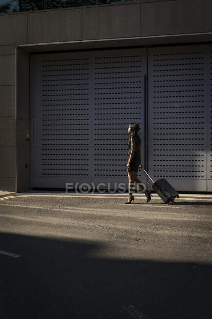 Donna d'affari con carrello in città — Foto stock
