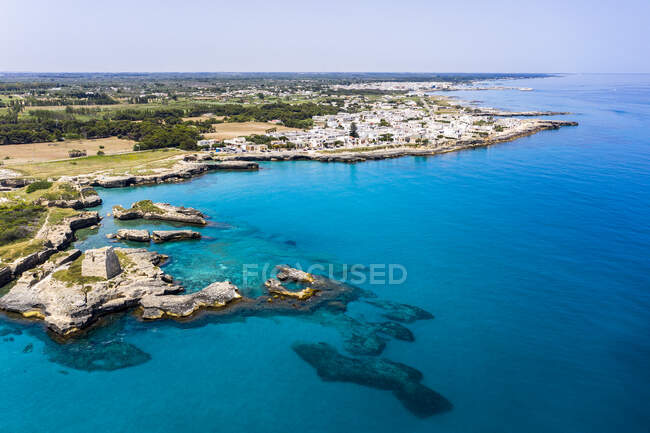 Aerial view of Roca Vecchia against clear sky during sunny day, Apulia, Italy — Stock Photo