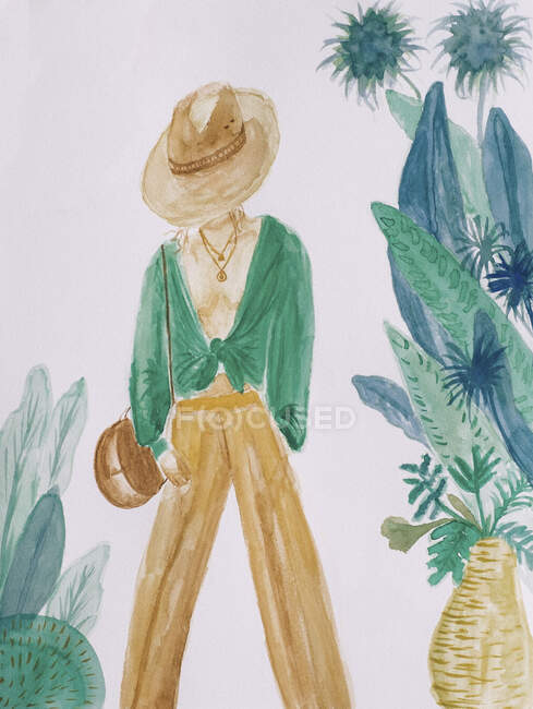 Акварельная живопись модной женщины растениями на белом фоне — стоковое фото