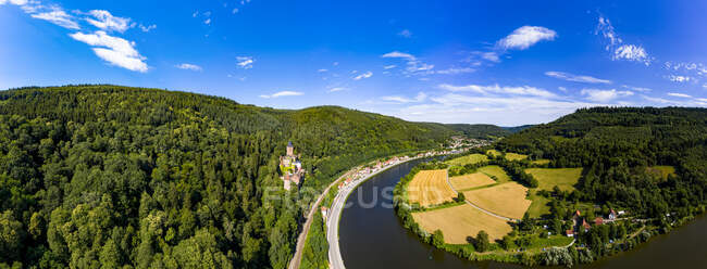 Aerial view of Zwingenberg Castle on mountain by Neckar River, Hesse, Germany — Stock Photo