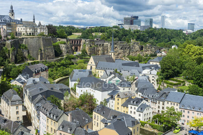 High angle view of old town in Luxembourg against cloudy sky — Stock Photo