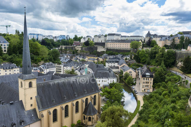 High angle view of residential buildings at old town in Luxembourg against sky — Stock Photo