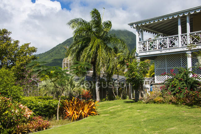 View of botanical garden against cloudy sky at Saint Kitts And Nevis, Caribbean — Stock Photo