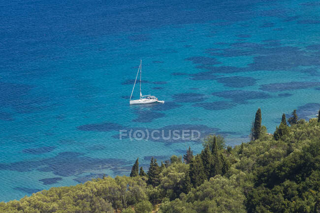High angle view of boat on sea at Corfu, Ionian islands, Greece — Stock Photo