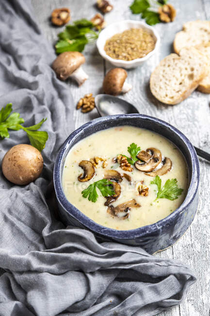 Bowl of German spelt soup with mushrooms, walnuts and parsley — Stock Photo