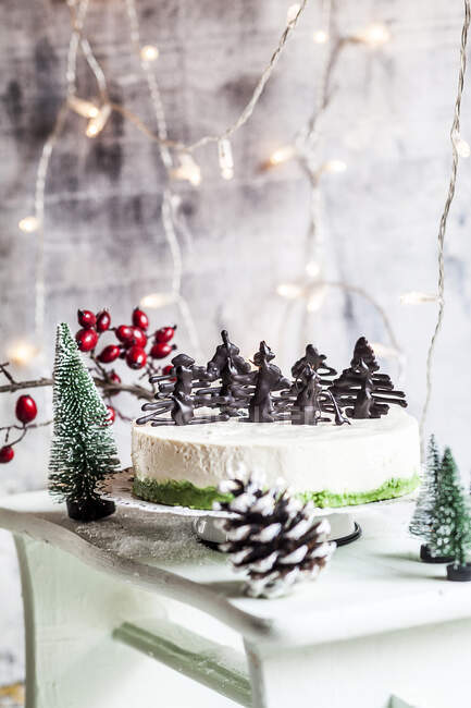Bolo de queijo de Natal decorado com árvores de chocolate — alimentos,  stand de bolo - Stock Photo | #466296496