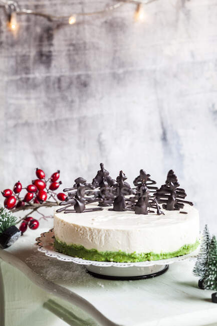 Bolo de queijo no-bake, decorado com árvores de Natal de chocolate — doces,  Bolo chique - Stock Photo | #466297956