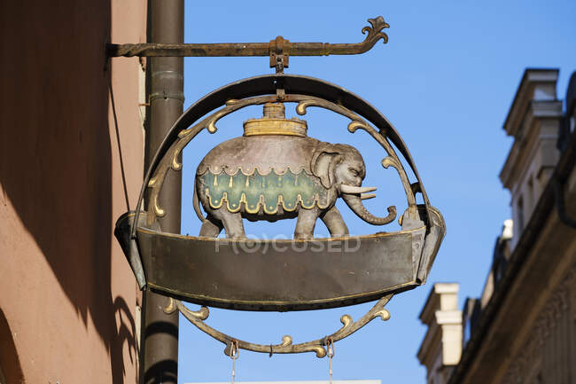 Primo piano del cartello dell'elefante fuori dall'ex farmacia di Ratisbona, Alto Palatinato, Baviera, Germania — Foto stock
