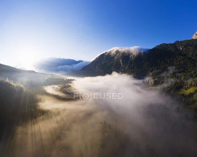 Alemania, Baviera, Mittenwald, Sol naciente iluminando niebla que cubre el lago Ferchensee y el bosque circundante - foto de stock