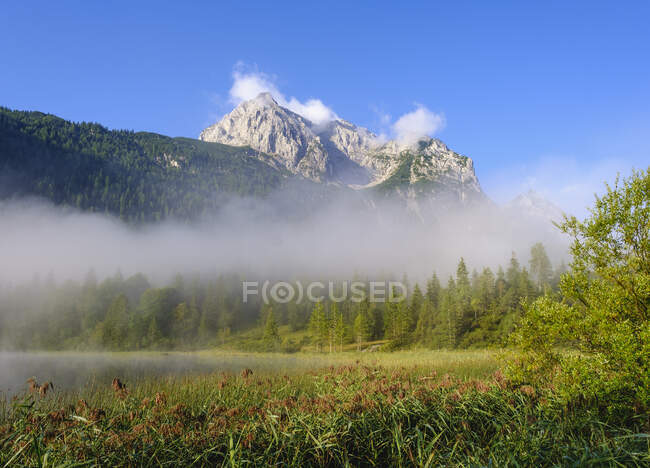 Germania, Baviera, Mittenwald, Nebbia fitta che galleggia sul lago Ferchensee con la montagna Wettersteinspitzen sullo sfondo — Foto stock