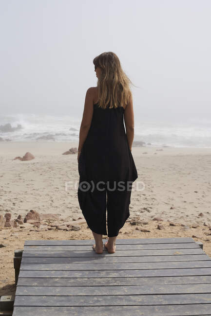 Vista posteriore della donna in piedi sull'oceano, Cape Cross, Namibia — Foto stock