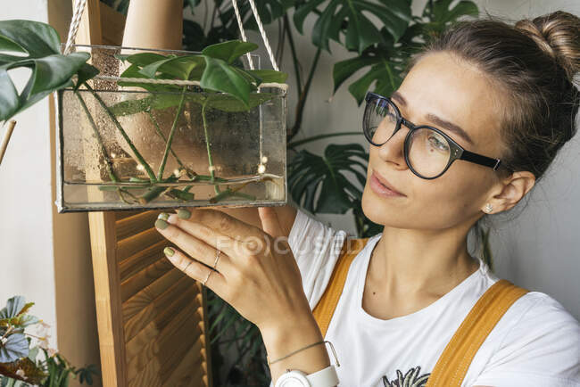 Young woman holding plant in a box with water — Stock Photo