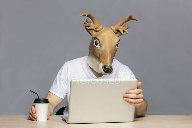 Человек в маске оленя с помощью ноутбука, пить кофе, чтобы пойти чашку — стоковое фото