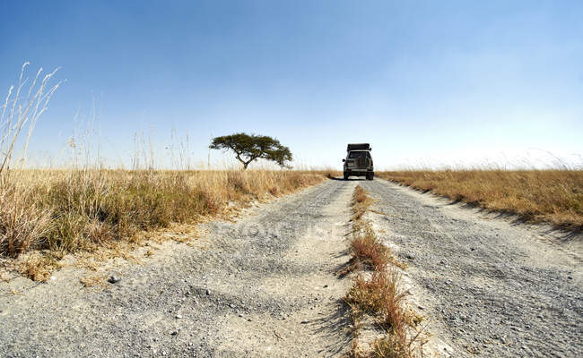 Veículo off-road dirigindo em uma estrada de terra em uma paisagem típica da savana africana, Makgadikgadi Pans, Botswana — Fotografia de Stock