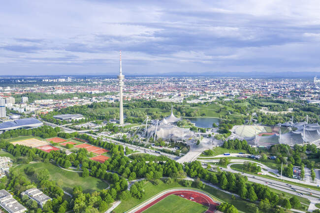 Germany, Bavaria, Munich, Aerial view of Olympiapark and Olympic Tower in summer — Stock Photo