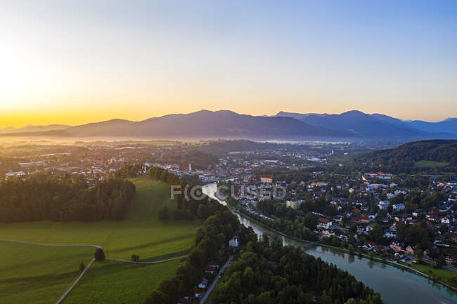 Aerial view of Bad Toelz against clear sky during sunrise, Isarwinkel, Germany — Stock Photo