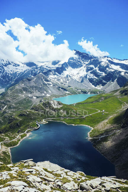 Italy, Piedmont, Gran Paradiso National Park, High angle view of Italian Alps and lakes — Stock Photo