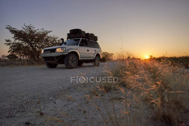 Vehículo todoterreno conduciendo por un camino de tierra al amanecer, sartenes Makgadikgadi, Botswana - foto de stock